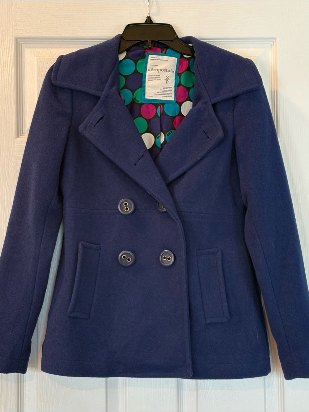 Aeropostale Navy Double-Breasted Peacoat with Polka Dot Lining